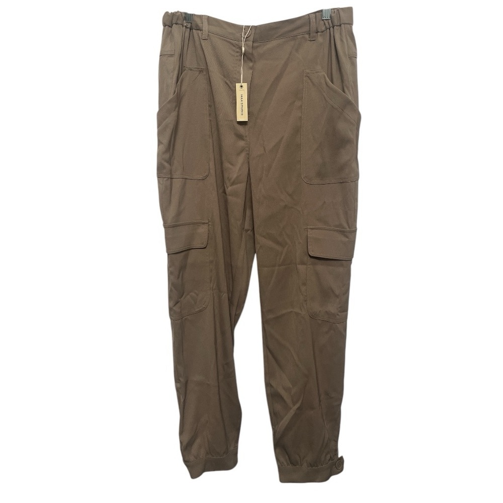 Max Studio Women's Soft Twill Cargo Jogger Pant Beige‎ Tan Size Large NWT